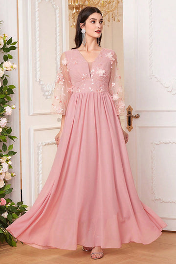 Blush Pink A Line Long Mother Of The Bride Dress With Flowers